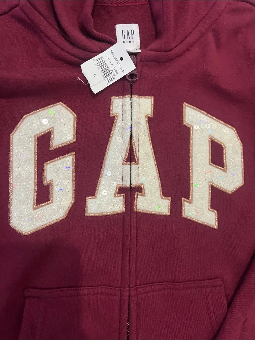 GAP Burgundy Zip-Up Hoodie with White Lettering